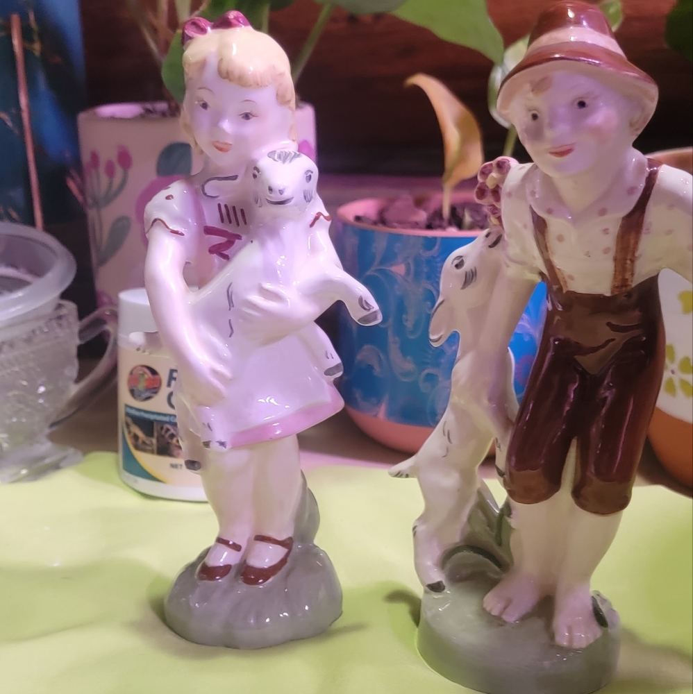 Vintage Ceramic girl & boy with sheep. Poinsettia Studios Ca